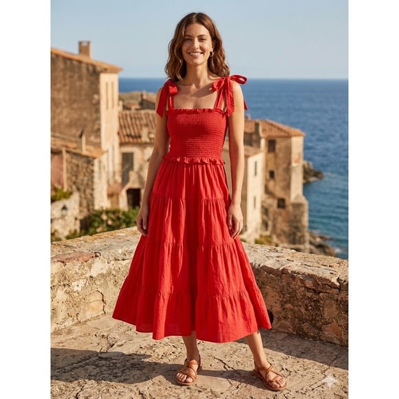 Tuckernuck Dresses & Skirts - Tuckernuck Cottagecore Tiered Smocked Midi Dress Womens S Red Tie Shoulder
